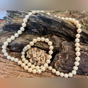 Vintage Champagne Crystal Pearls Necklace Beige Nácar 24” Strung Pearls Luxe